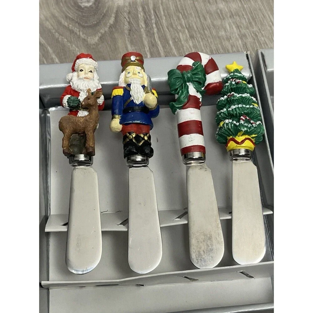 Christmas Cheese Spreader Appetizer Fork Set 8 Santa Tree Nutcracker Candy Cane‎